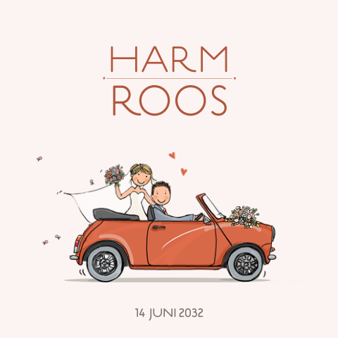 Trouwkaart auto mini rood met bruidspaar groene achtergrond