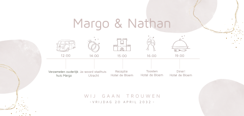 Trouwkaart tijdlijn beige met ovale vlakken en illustraties