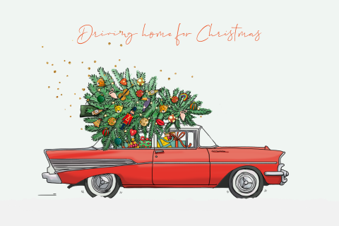 Kerstkaart Bell-Air auto met kerstboom