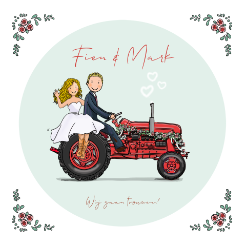 Trouwkaart rode tractor met bruidspaar