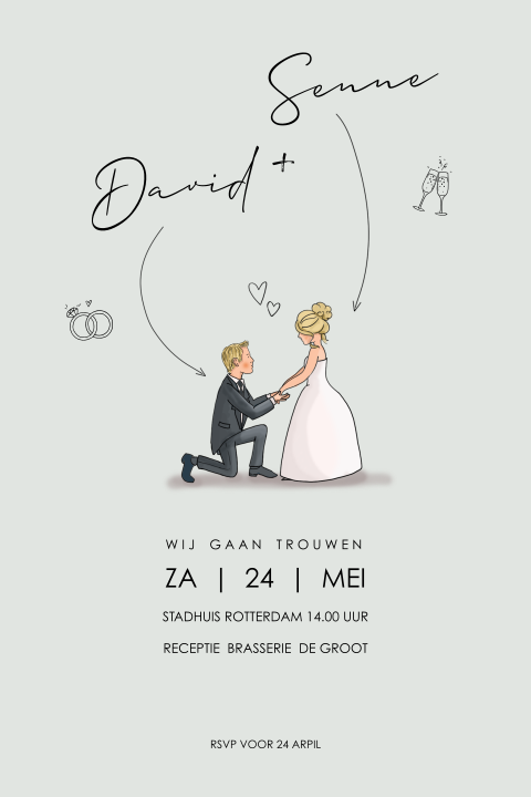 Trouwkaart getekend bruidspaar met pijltjes