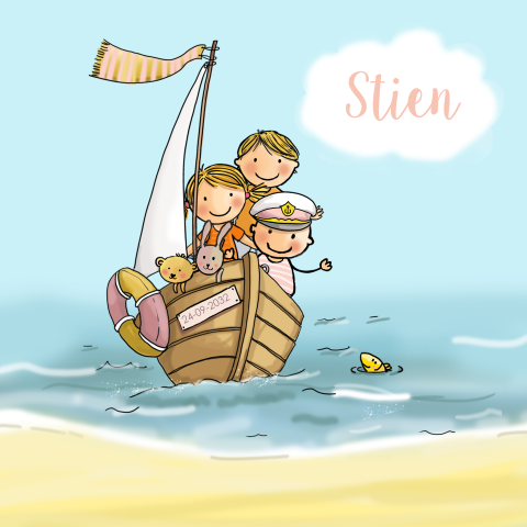 geboortekaartje meisje met zusje broer bootje met zee
