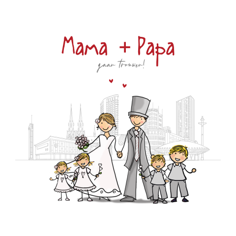 Trouwkaart bruidspaar rood papa en mama en kinderen