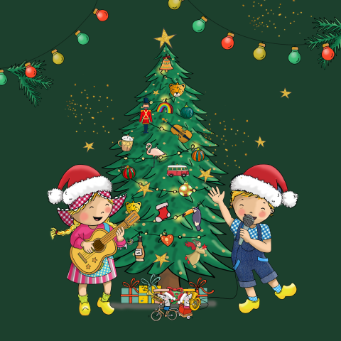 Kerstkaart Fien en teun met kerstboom en gitaar