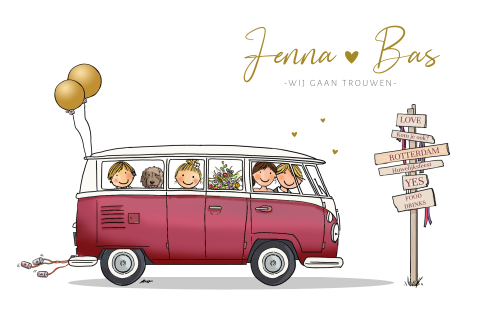 Trouwkaart VW bus rood bruidspaar kinderen en ballonnen