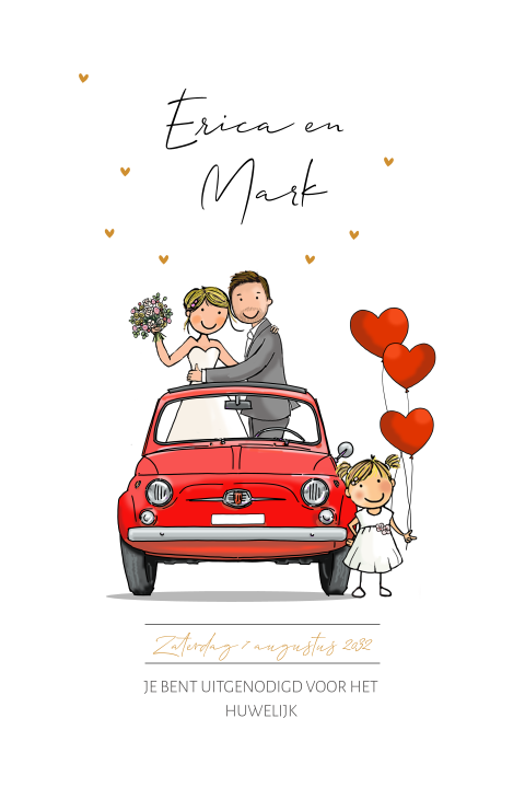 Trouwkaart dubbel bruidspaar fiat 500 rood