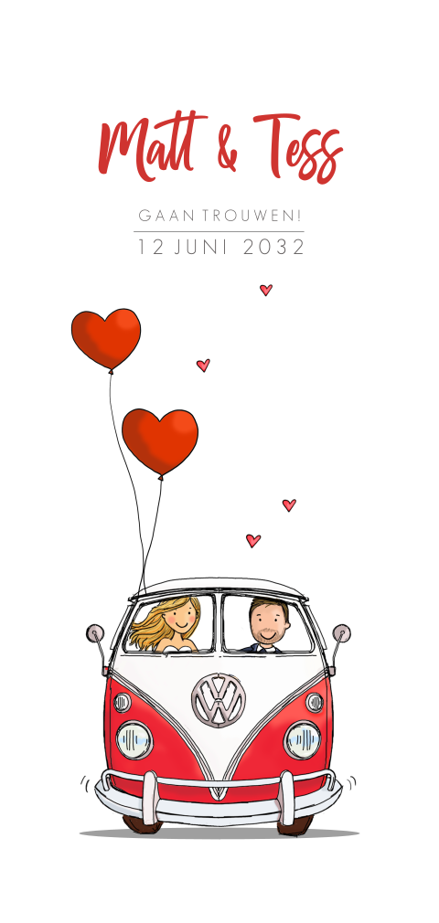 Trouwkaart bruidspaar volkswagenbusje rood hartjes ballon