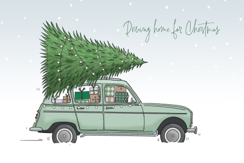 Kerstkaart Renault 4 met kerstboom