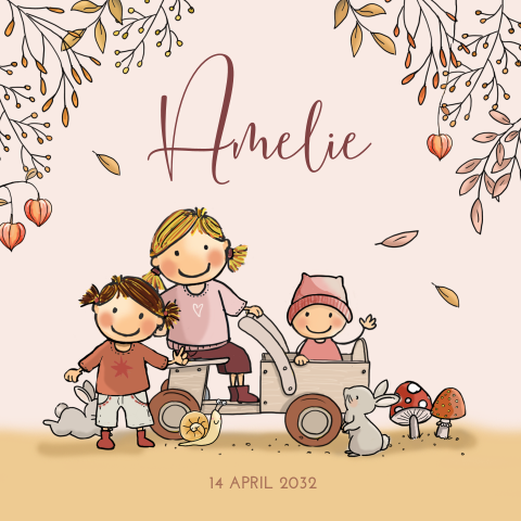 Geboortekaartje herfst meisje houten kar zusjes