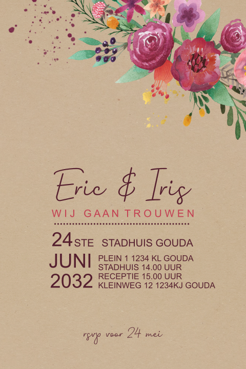 Trouwkaart kraftlook met kleurrijke bloemen