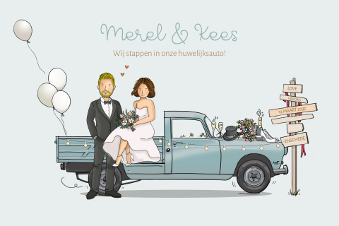 Trouwkaart Peugeot pickup 404 met bruidspaar