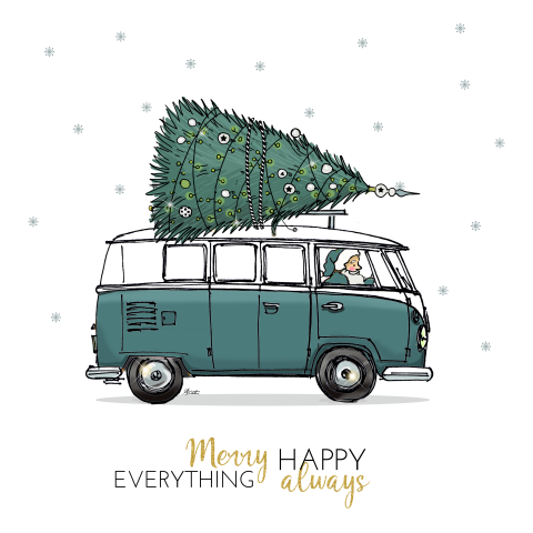 Kerstkaart vwbus groenblauw met kerstboom