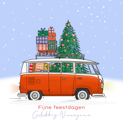 Kerstkaart rood busje met kerstboom