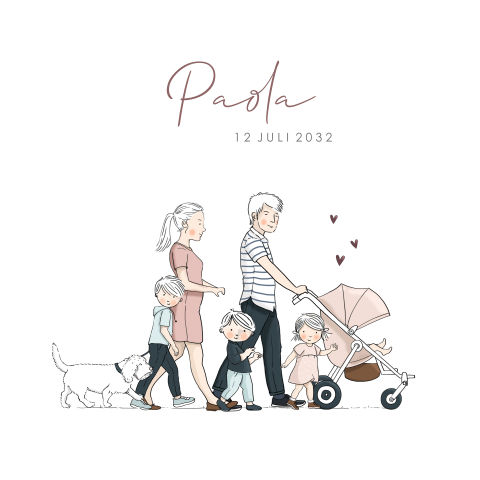 Geboortekaartje ouders buggy en baby meisje broertjes