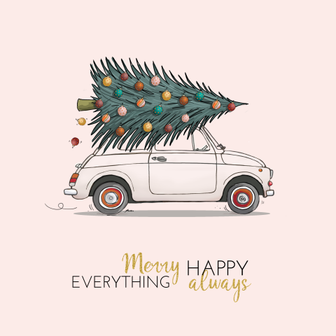 Kerstkaart fiat 500 wit met kerstboom