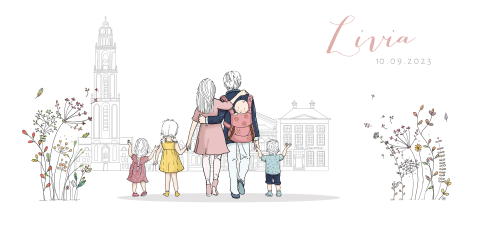 geboortekaartje ouders met baby meisje rugzak kinderen