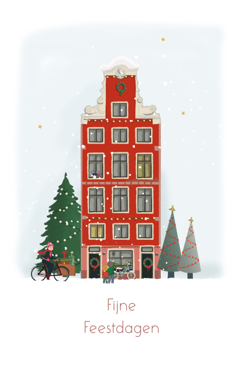 Kerstkaart winkelhuisje met fietser