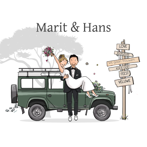 Trouwkaart auto landrover groen met bruidspaar
