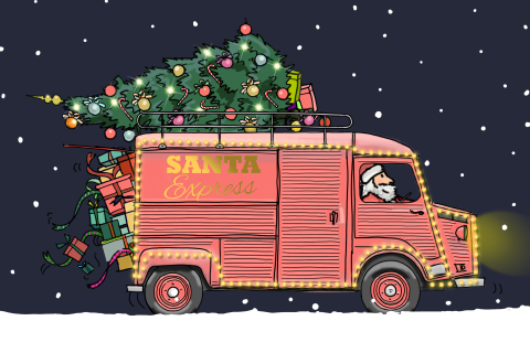 Kerstkaart Citroen HY busje rood met kerstboom