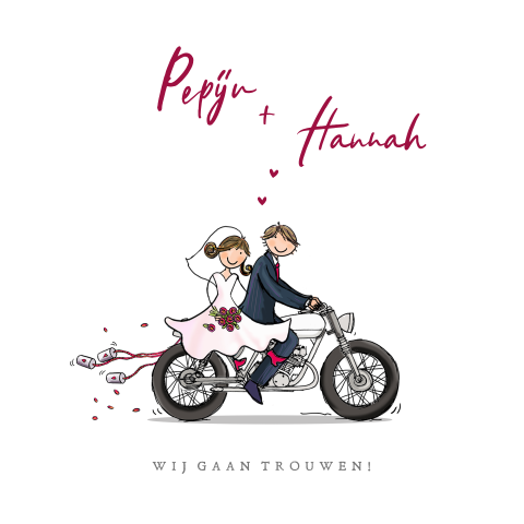 Trouwkaart bruidspaar motor met bruidspaar