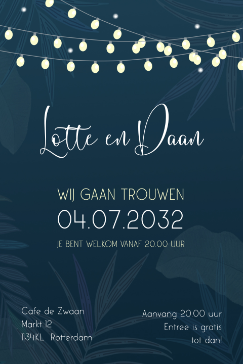 Trouwkaart lampjes met blauwe achtergrond takjes
