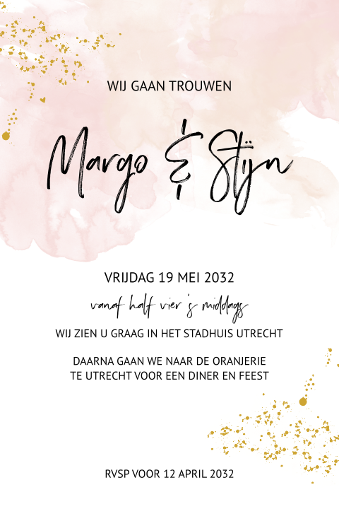 Trouwkaart enkel watercolor roze met glitterlook en hartjes