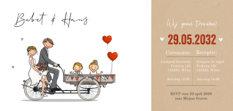 Trouwkaart bruidspaar bakfiets met kinderen ballonnen
