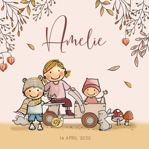 Geboortekaartje herfst meisje houten kar zus broertje