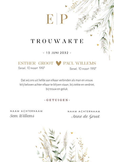 Huwelijksakte met takjes en groen
