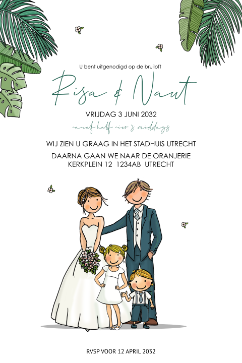 Trouwkaart bruidspaar met kinderen takjes bloemen