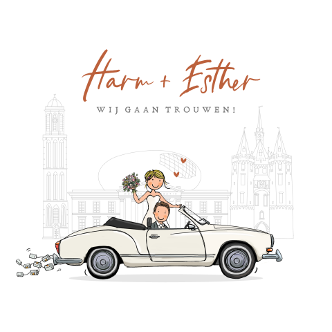 Trouwkaart bruidspaar auto volkswagen karmann ghia cabrio