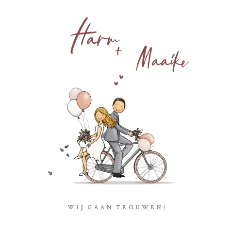 Trouwkaart bruidspaar fiets gemengd met ballonnen