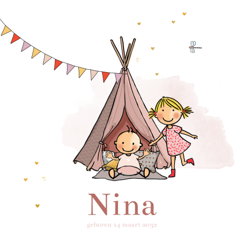 Geboortekaartje meisje en zusje tipi tent warmroze met vlaggetjes