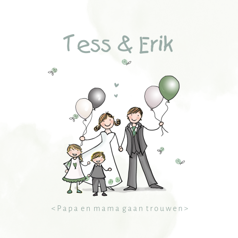 Trouwkaart familie met kinderen ballonnen