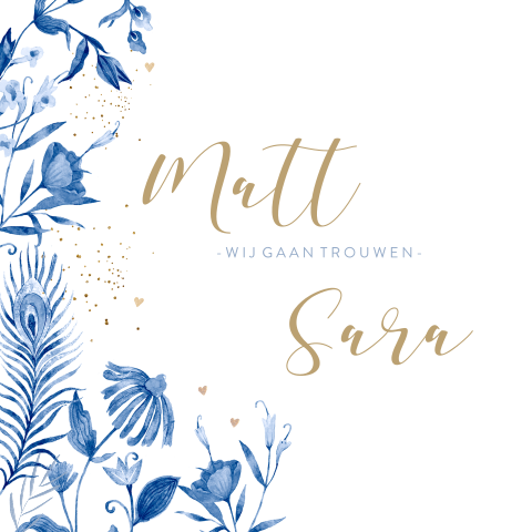 Trouwkaart delfts chinees blauw met goudkleurige hartjes