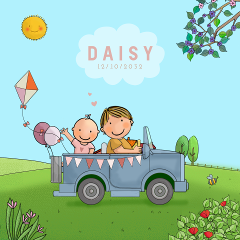 Geboortekaartje kleurrijk landschap met broertje en baby zusje en auto