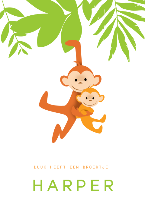 Geboortekaartje twee apen aan blad hangend.