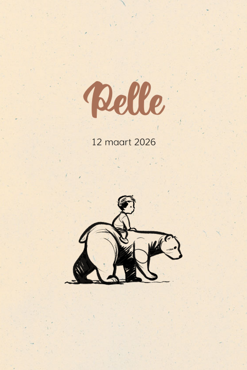 Geboortekaartje jongen op beer lijntekening.