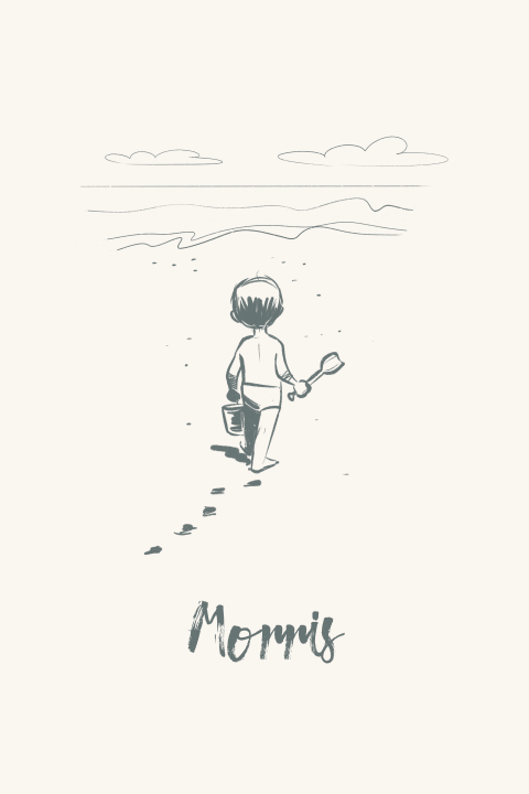 Geboortekaartje lijntekening emmer schep zee strand