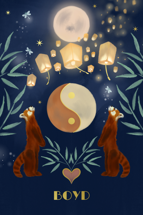 Geboortekaartje rode panda en lampionnen blauw