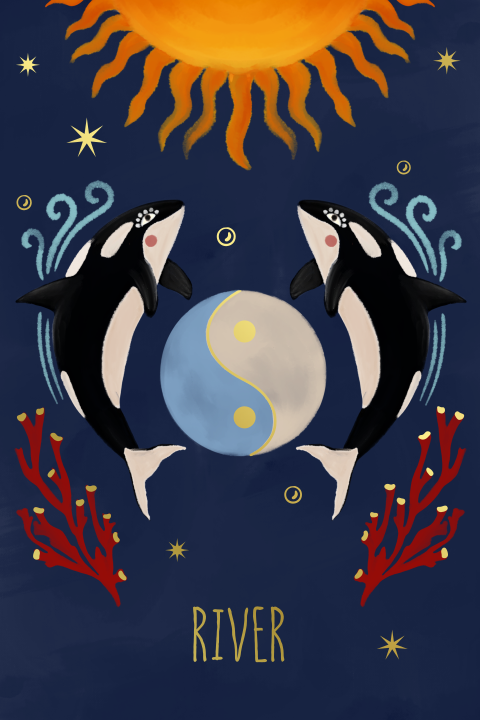 Geboortekaartje orka en yin yang blauw