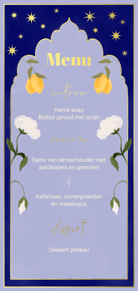 Menukaart bloemen blauw