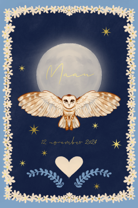 Poster uil en maan blauw