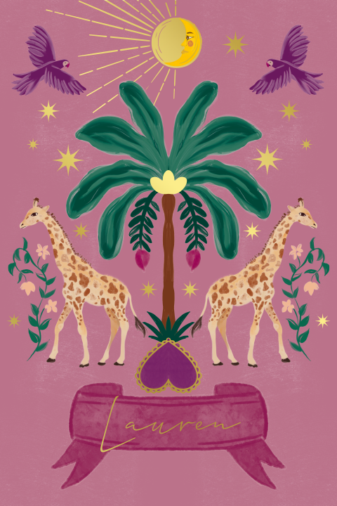 Poster giraffen en de palmboom roze