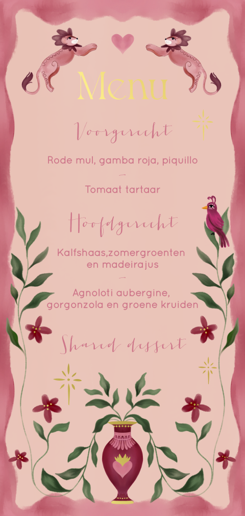 Menukaart leeuwen vaas roze