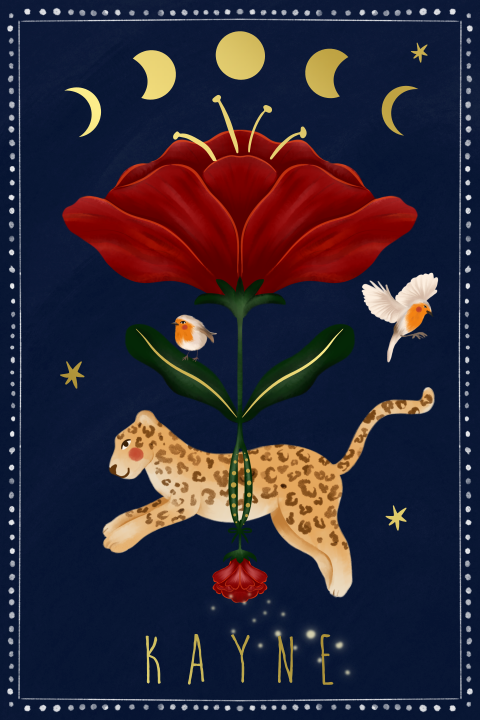 Geboortekaartje panter met bloemen luchtballon blauw