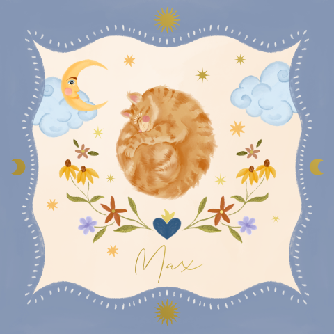 Geboortekaartje poes en bloemen blauw