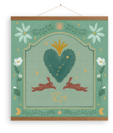 Canvasposter hart met bloemen en konijn groen