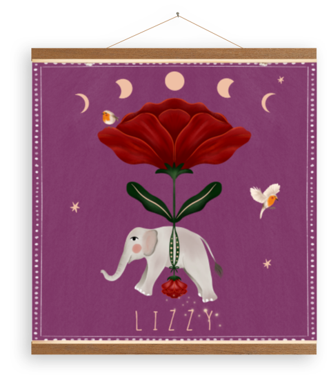Canvasposter olifant en bloemen luchtballon paars