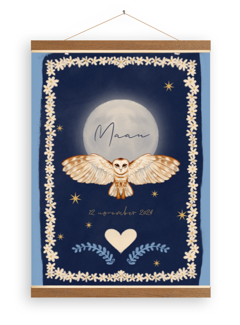 Canvasposter uil en de maan blauw